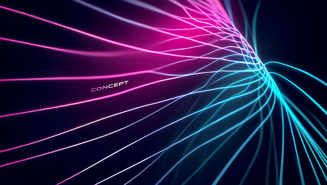 Abstract flowing lines of vibrant neon pink and electric blue light trails against a dark background