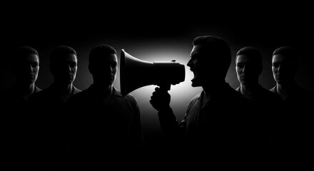 Powerful leader commanding attention with megaphone addressing diverse crowd in dramatic spotlight emphasizing unity and influence