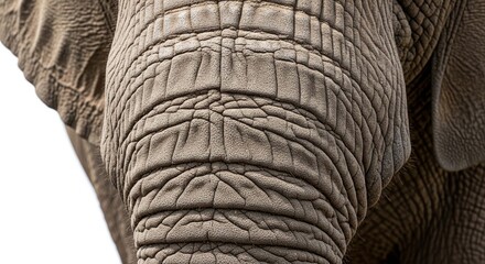 Fototapeta premium A detailed close-up of an elephant's trunk, showcasing the rough, wrinkled texture of its gray skin against a white background.