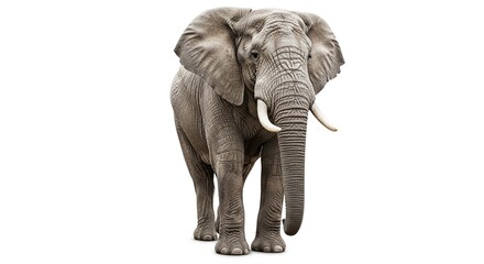 Obraz premium A large African elephant with prominent tusks walks forward, isolated against a plain white background.