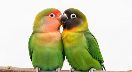 Fototapeta premium A pair of colorful green lovebirds, one peach-faced and one black-masked, sit affectionately close together on a branch against a white background.
