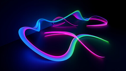 Abstract swirling neon light trails in vibrant pink blue and green against a dark background