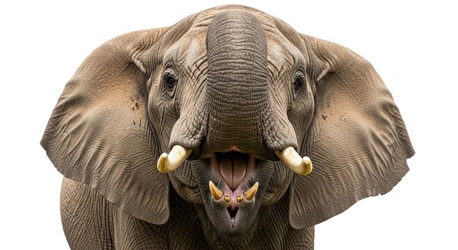 A powerful African elephant roars with its mouth wide open and trunk raised, isolated on a white background.