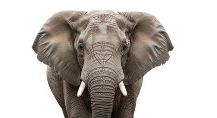 Naklejka premium A majestic African elephant with tusks looks directly at the camera, isolated on a white background.