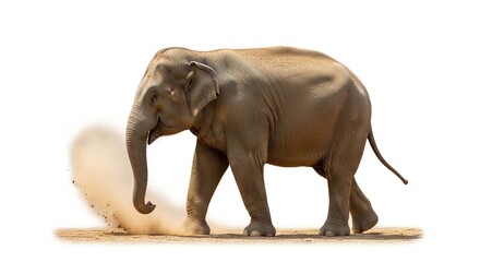 Obraz premium An Asian elephant walks on sandy ground, kicking up a cloud of dust, isolated on a white background.