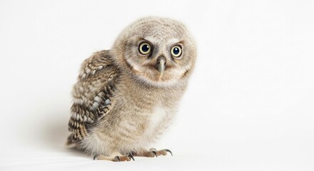 Fototapeta premium A young, fluffy owlet with large, round eyes looks directly at the camera against a white studio background.