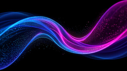 Abstract glowing neon wave of blue and pink light particles flowing across a dark background