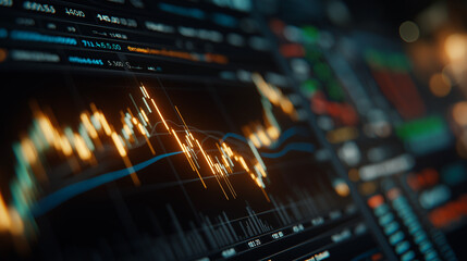 Market Volatility: A close-up shot of a computer screen displays intricate charts and graphs, highlighting the fluctuating nature of the market. Captures the dynamic interplay of data visualization. 