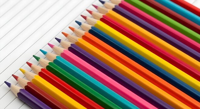 A group of colored pencils arranged in a diagonal pattern on lined paper. back to school