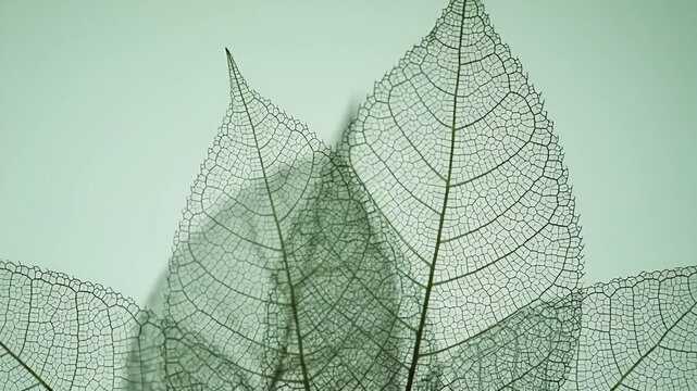 Detailed Leaf Skeletons in Macro View Displaying Intricate Venation Patterns with Soft Green Background Perfect for Decoration Emphasizing Fragility and Natural Beauty Can Symbolize Transformation