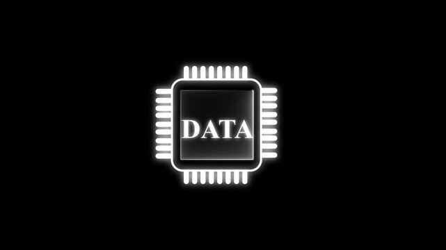 Animated data chip with glowing white circuitry, central &ldquo;DATA&rdquo; label, representing information processing, storage, transfer, and modern digital infrastructure.