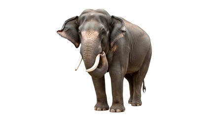 Fototapeta premium A large Asian elephant with tusks standing and facing forward, isolated on a pure white background.