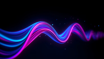 Abstract glowing neon light trails in vibrant blue and pink swirling dynamically against a dark background