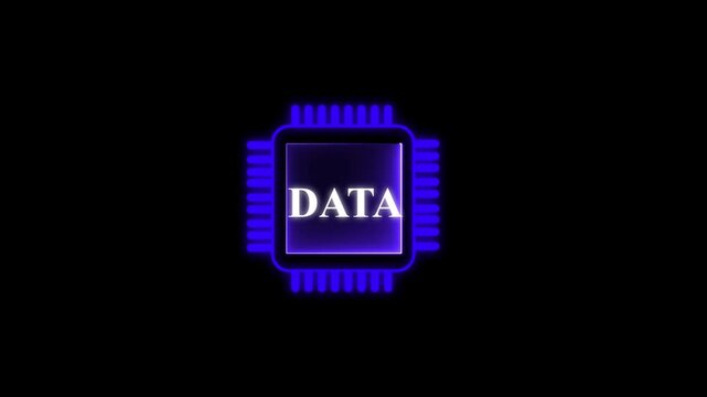 Animated data chip with glowing white circuitry, central &ldquo;DATA&rdquo; label, representing information processing, storage, transfer, and modern digital infrastructure.