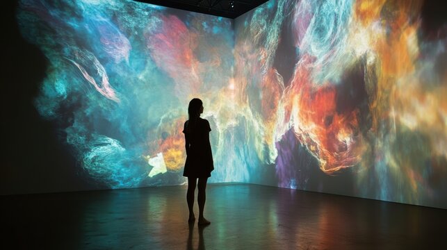 A silhouette of a person stands before vibrant, abstract projections on walls, creating a mesmerizing interplay of colors and light in a modern art space. - Powered by Adobe
