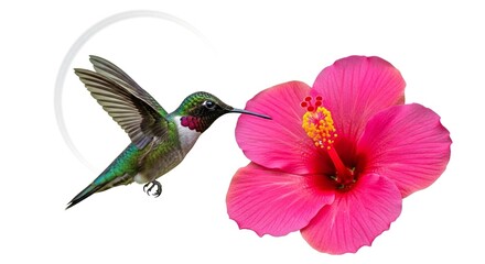 Obraz premium A ruby-throated hummingbird hovers while feeding on nectar from a vibrant pink hibiscus flower.