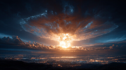 Fototapeta premium Apocalyptic Sunrise over a Horizon: A celestial event unfolds with the dramatic imagery of a nuclear blast. An explosion sends massive mushroom clouds, framed by clouds.
