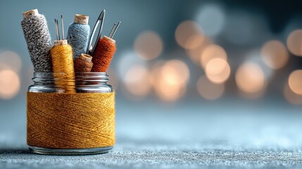 A jar filled with colorful spools of thread and sewing needles, set against a softly blurred background of glowing lights.