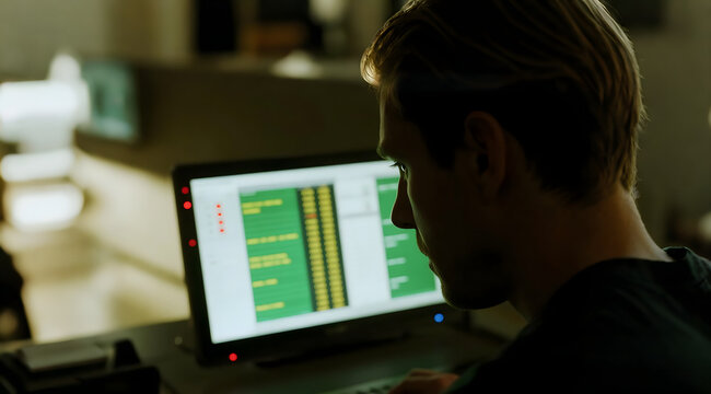 Focused Young Man Coding in Dimly Lit Room