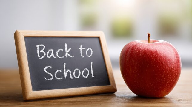 A red apple and a small chalkboard with 'Back to School' text, symbolizing the start of a new academic term and learning journey.