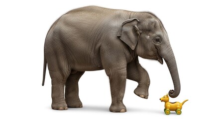 Fototapeta premium A large Asian elephant carefully approaches a tiny yellow toy dog on a white background.