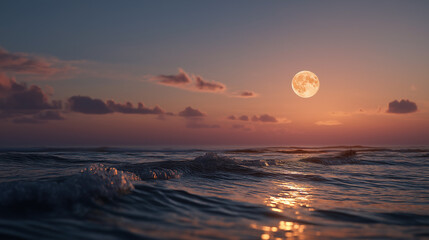 Obraz premium Moonlit Ocean: The tranquil ocean, under the soft glow of the moon, presents an amazing nightscape scene. Its surface, reflecting moonlight, whispers tales of peace and solitude.