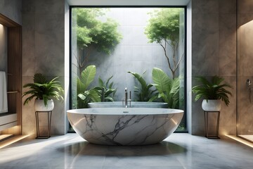 Luxurious Bathroom Oasis with Marble Bathtub and Lush Greenery Creating a Tranquil and Spa Like Atmosphere for Relaxation