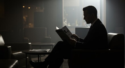 Sophisticated businessman in sharp suit engrossed in reading financial report during intense backlit moment in modern lounge