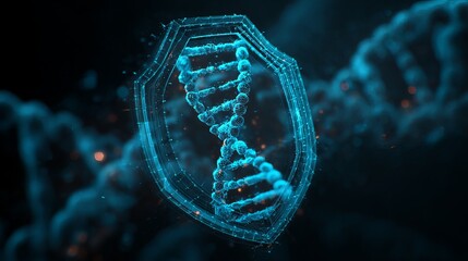 Abstract digital shield with DNA strand, symbolizing genetic protection and security.