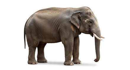 Obraz premium A full-body profile of a large male Asian elephant with ivory tusks, standing isolated on a white background.