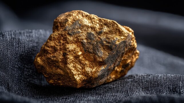 A close-up of a shiny gold rock on a dark textured surface, highlighting its unique texture and color.