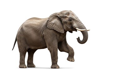 Full body profile of a large African elephant with its trunk curled and front leg raised, isolated on a plain white background.