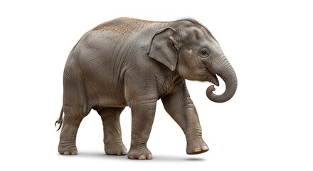Fototapeta premium A young Asian elephant calf walking in profile with its trunk curled, isolated on a white background.