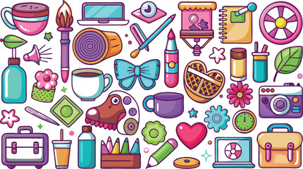 Assorted colorful cartoon objects and food items Keywords: cup, coffee, tea, torch, laptop, eye