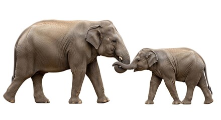 Fototapeta premium An adult Asian elephant and its calf walk together, their trunks intertwined affectionately.