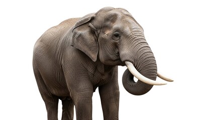 Obraz premium A large Asian elephant with prominent white tusks stands isolated against a plain white background.
