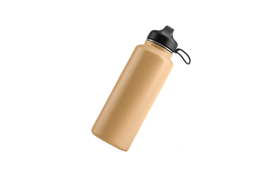 Reusable Water Bottle in Tan Color on Black Background Promoting Hydration and Sustainable Lifestyle Choices For Athletes and Active People - Powered by Adobe