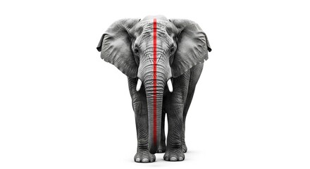 A powerful black and white elephant stands facing forward, bisected by a striking vertical red line on a white background.