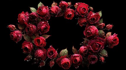 Dark, circular wreath of red roses with dew drops against a solid black background
