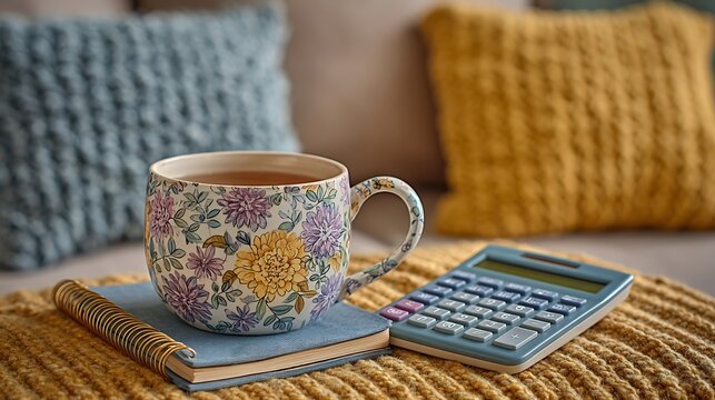 Cozy Home Office: Tea, Calculator, and Notebook