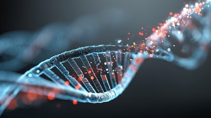 An abstract representation of a DNA strand with glowing particles and intricate details.