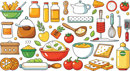 Assortment of food and kitchen items in flat design