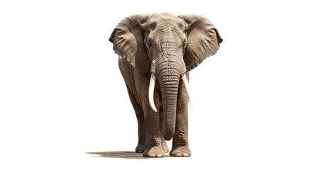 Fototapeta premium A large African elephant with prominent ivory tusks stands facing forward, isolated on a white background.