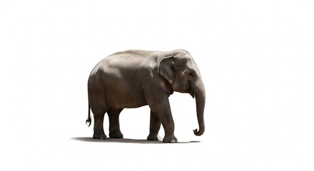 Obraz premium A full-length side profile of a large Asian elephant standing isolated on a white background.