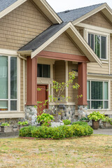 Entrance of luxury house in summer with nice landscape in Vancouver, Canada, North America. Day time on August 2025