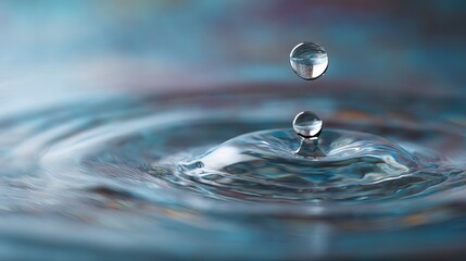 Close-up of a water droplet creating ripples in a serene blue background.