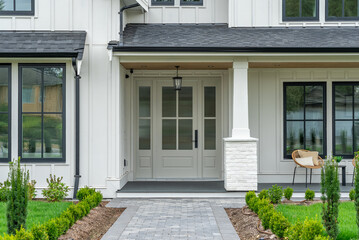 Entrance of luxury house in summer with nice landscape in Vancouver, Canada, North America. Day time on August 2025