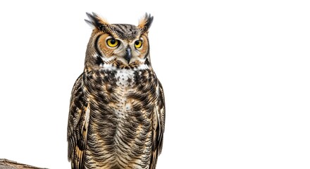 Obraz premium A Great Horned Owl with yellow eyes and prominent ear tufts is perched and looking forward against a clean white background.