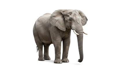 Obraz premium A majestic African elephant with large ears and tusks stands isolated on a clean white background.
