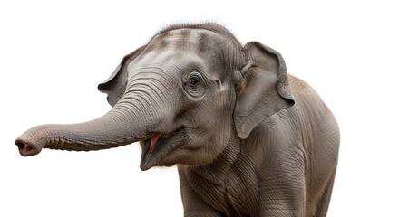 Obraz premium A cute young Asian elephant calf with its trunk extended, isolated on a white background.